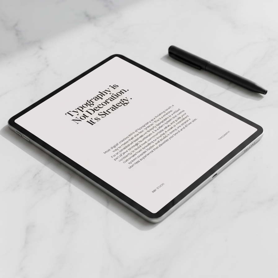 Tablet displaying a text quote on a marble surface with a pen next to it