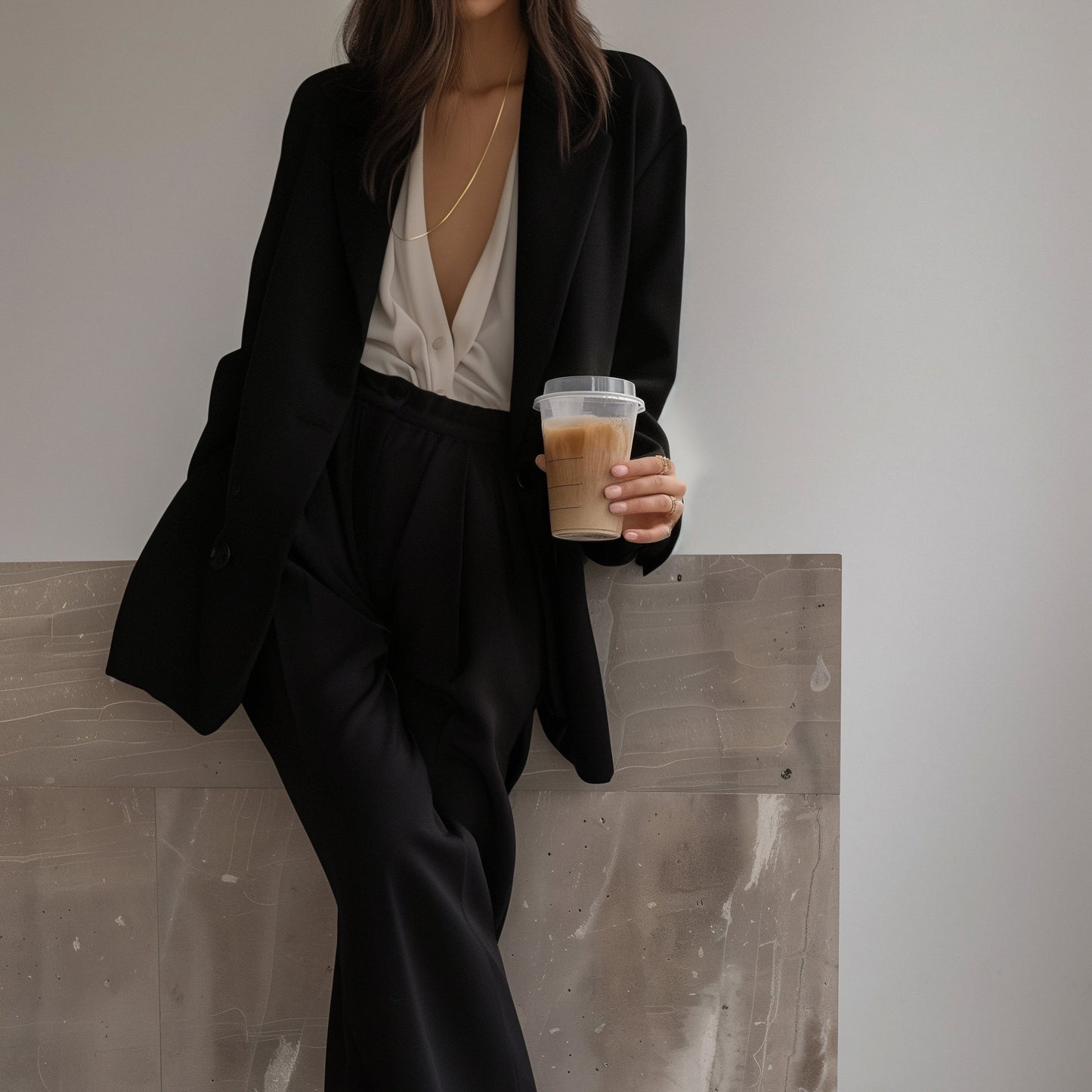 Person wearing a black suit holding a coffee cup against a neutral background