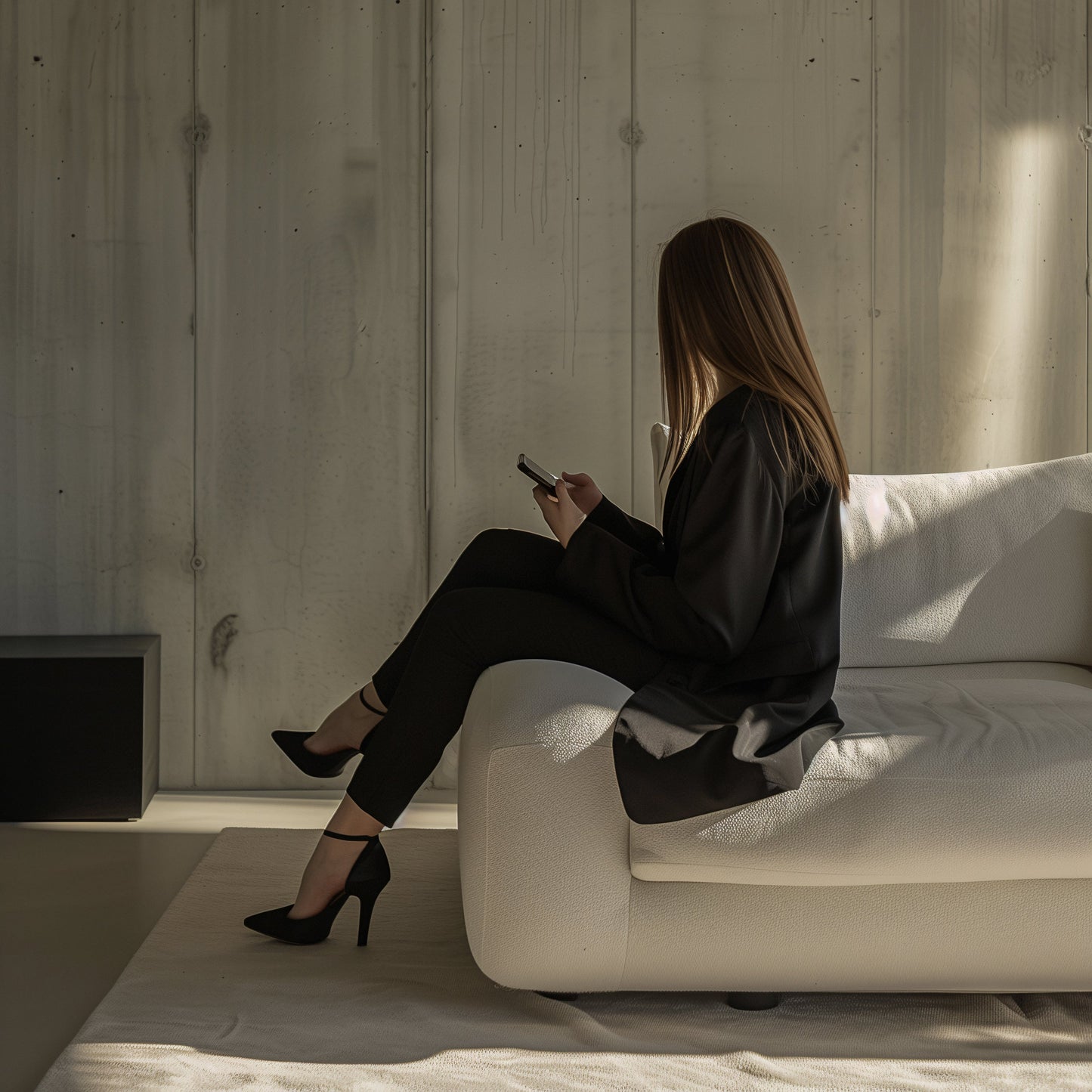 Woman sitting on a white couch against a concrete wall, using a phone to read RBF Studio's e-commerce guide to typography.