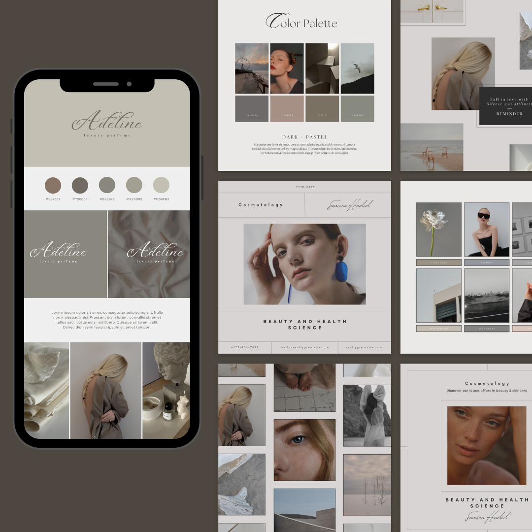 Collage of a smartphone displaying branding assets with a color palette and lifestyle images. Shopify Brand Identity Kit by RBF Studio.