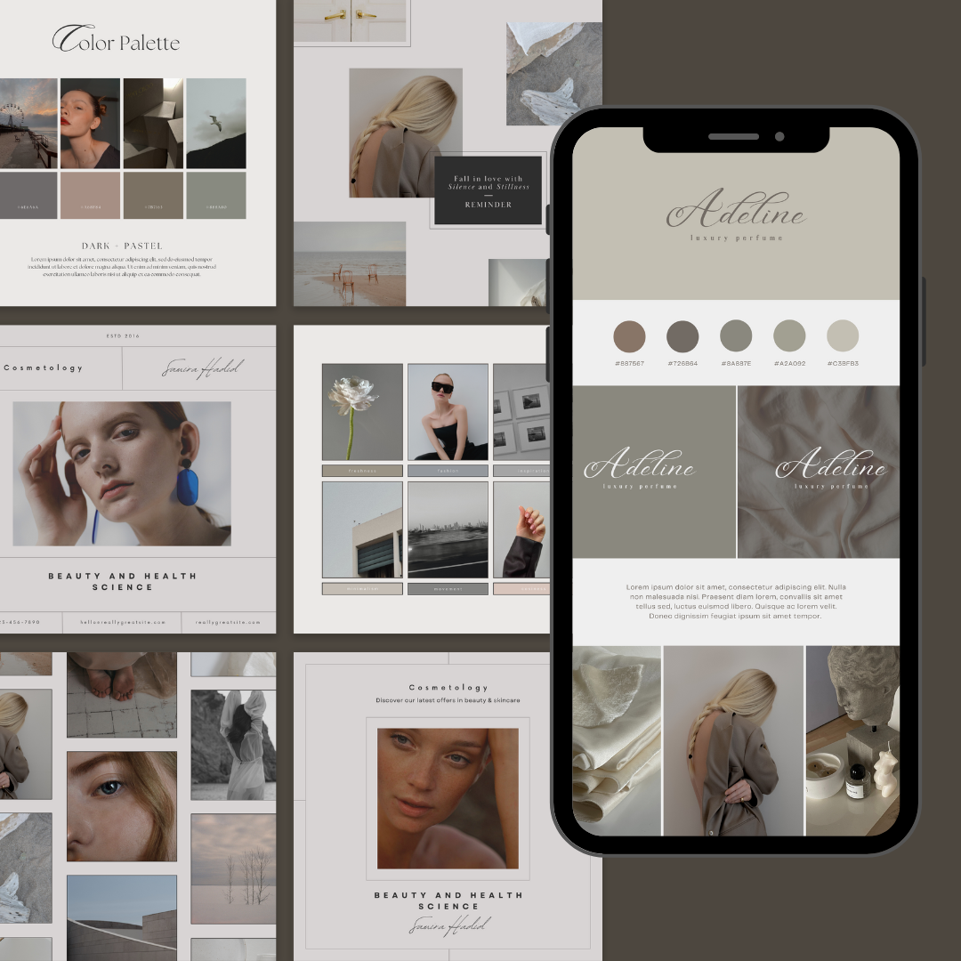 Collage of a smartphone displaying branding assets with a color palette and lifestyle images. Shopify Brand Identity Kit by RBF Studio.