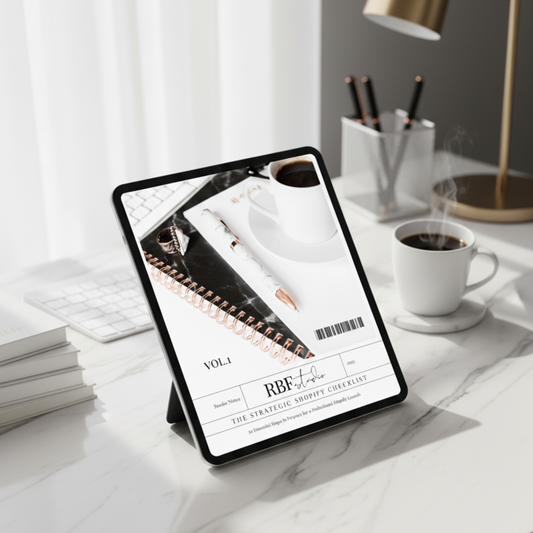 Tablet displaying RBF Studio Shopify Workbook. Shoping the magazine's cover on a marble desk with a cup of coffee and books.